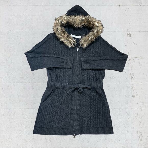 Woolrich Cable Knit Long Zipper Cardigan Faux Fur Trim Tie Waist Size XL - Picture 1 of 12